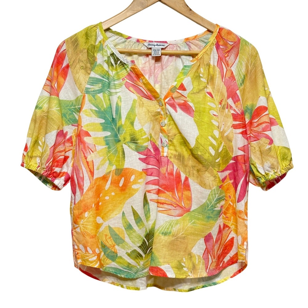 Tommy Bahama Resort‎ Blouse Womens XS Bright Tropical Linen Blend Puff Sleeve